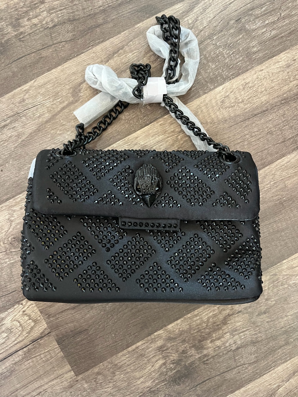 Black Studded Women's purse with chain strap and eagle head emblem